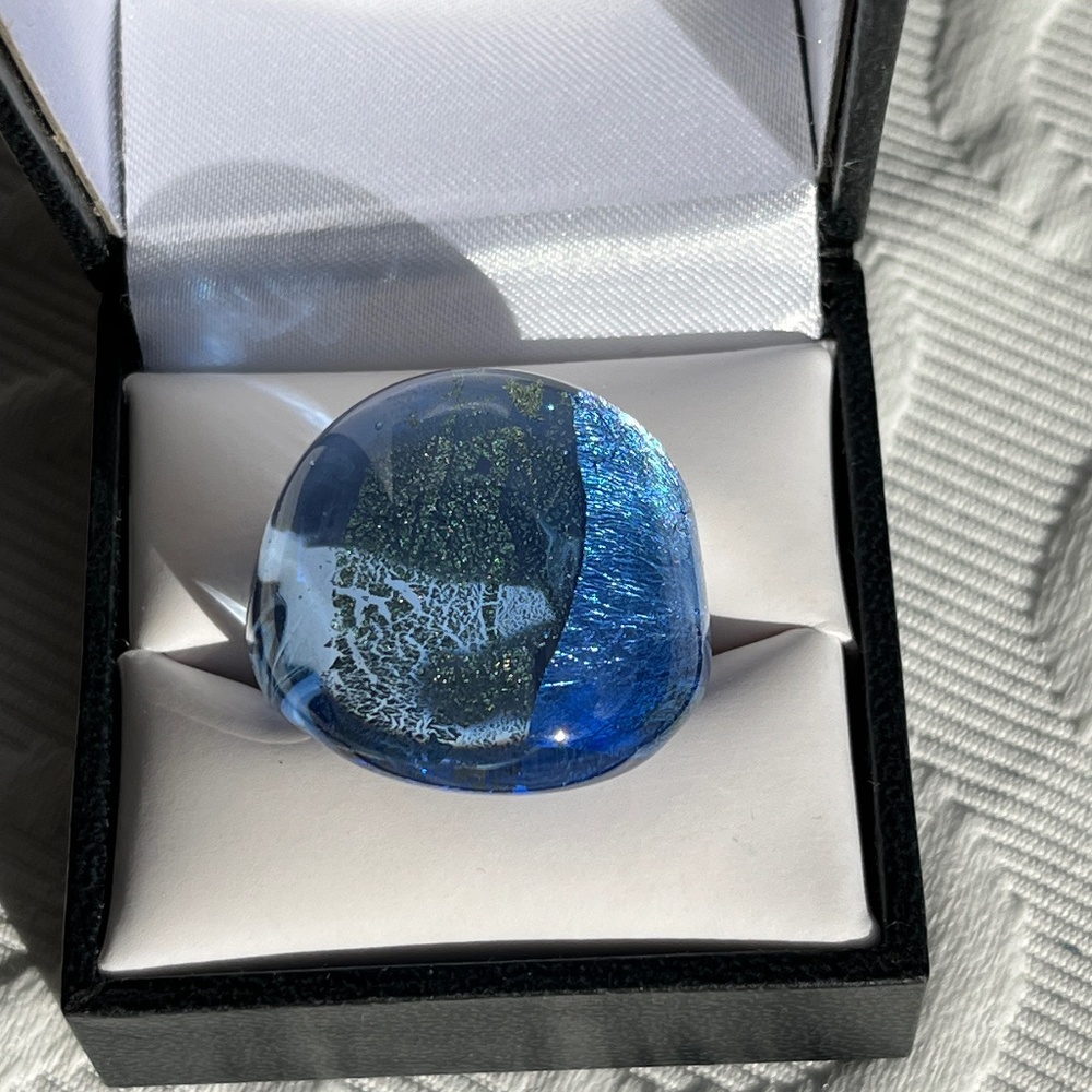Murano glass ring (6.5) in blue with silver & gold accents.